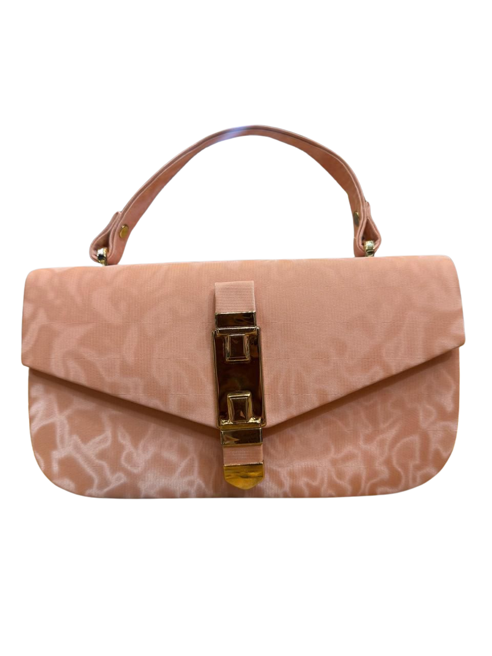 Elegant Fold-Over Handbag – Peach Textured Purse with Gold Buckle & Black Handles