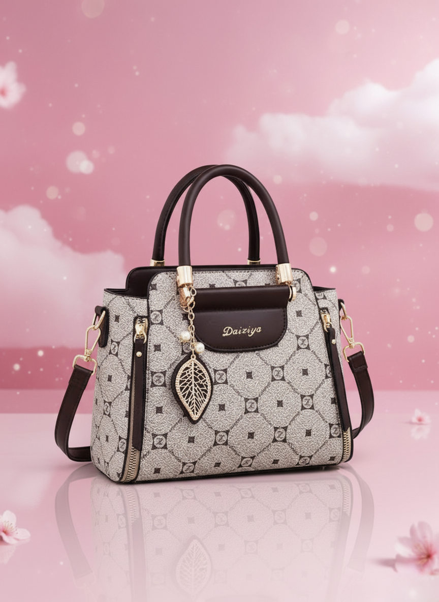 Luxury Patterned Tote Bag – Elegant Gray & Black Handbag with Gold Leaf Charm
