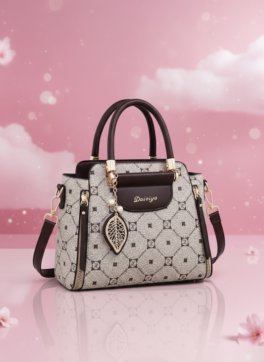Luxury Patterned Tote Bag – Elegant Gray & Black Handbag with Gold Leaf Charm