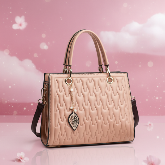 Designer Quilted Leather Handbag – Elegant Peach Tote with Gold Leaf Charm