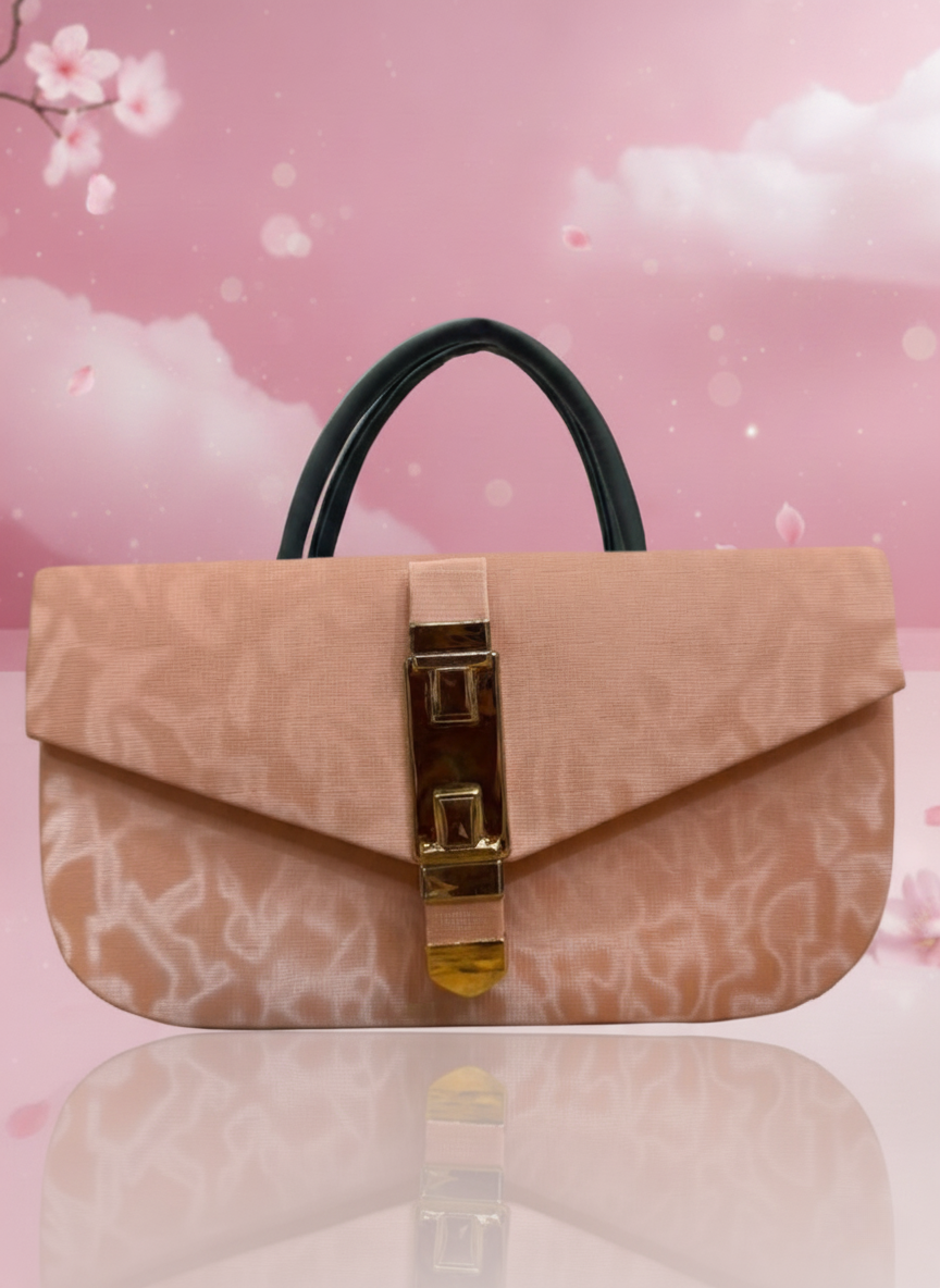 Elegant Fold-Over Handbag – Peach Textured Purse with Gold Buckle & Black Handles