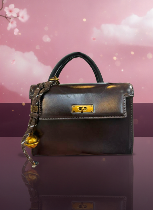 Classic Espresso Handbag with Gold Twist Lock & Tassel Charm