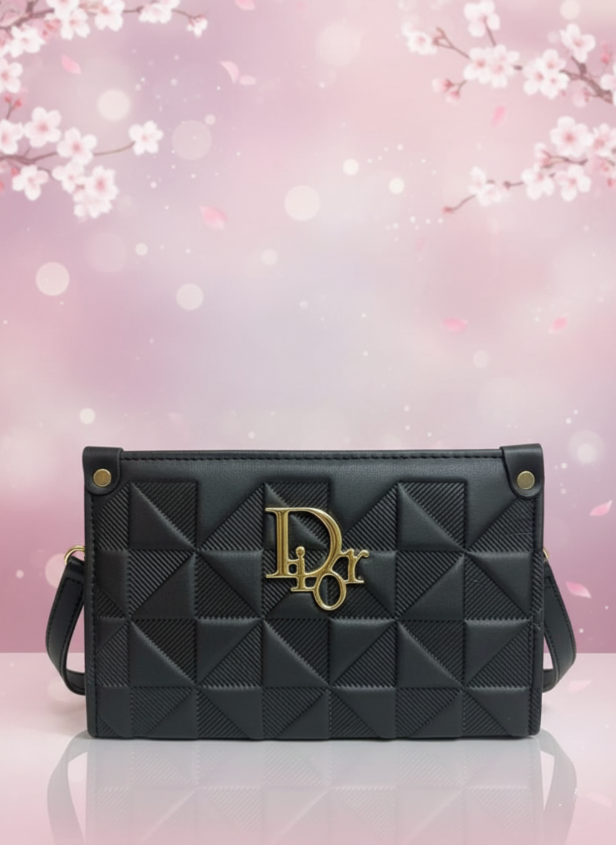 Elegant Black Quilted Designer-Inspired Handbag with Gold Dior Accent