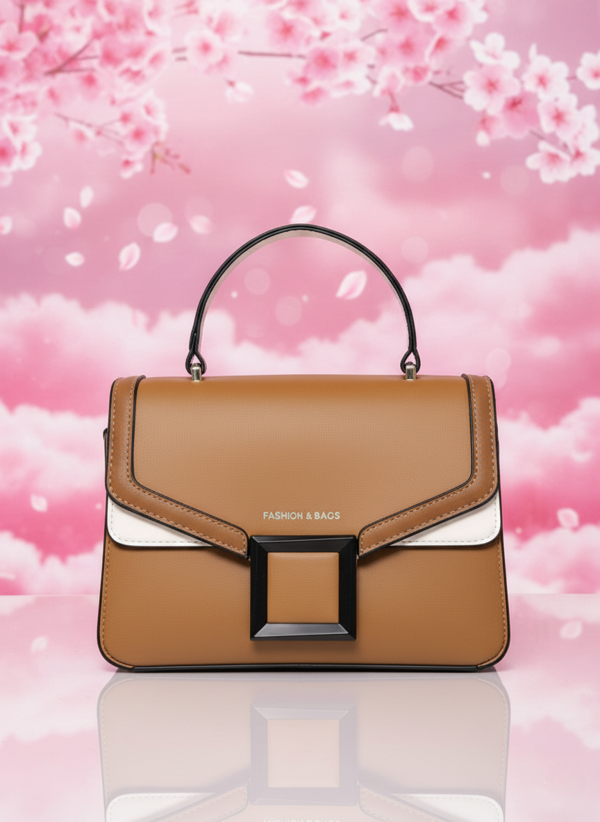 Modern Chic Crossbody Handbag – Elegant Tan Leather Bag with Bold Black Accent